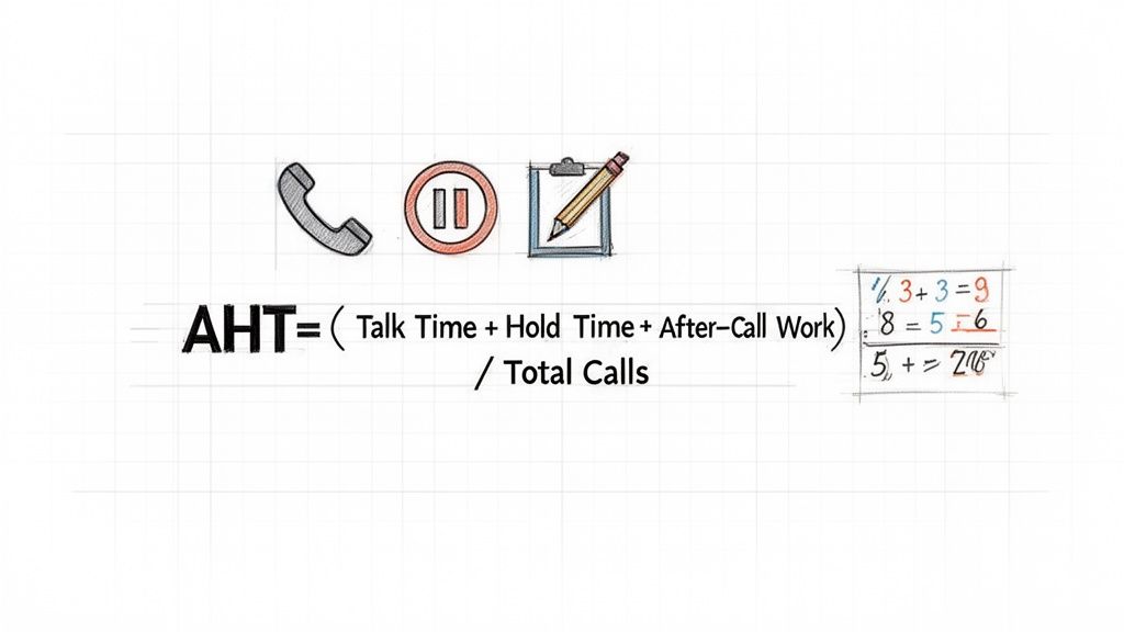 Formula for Average Handle Time (AHT) showing calculation components and associated icons.