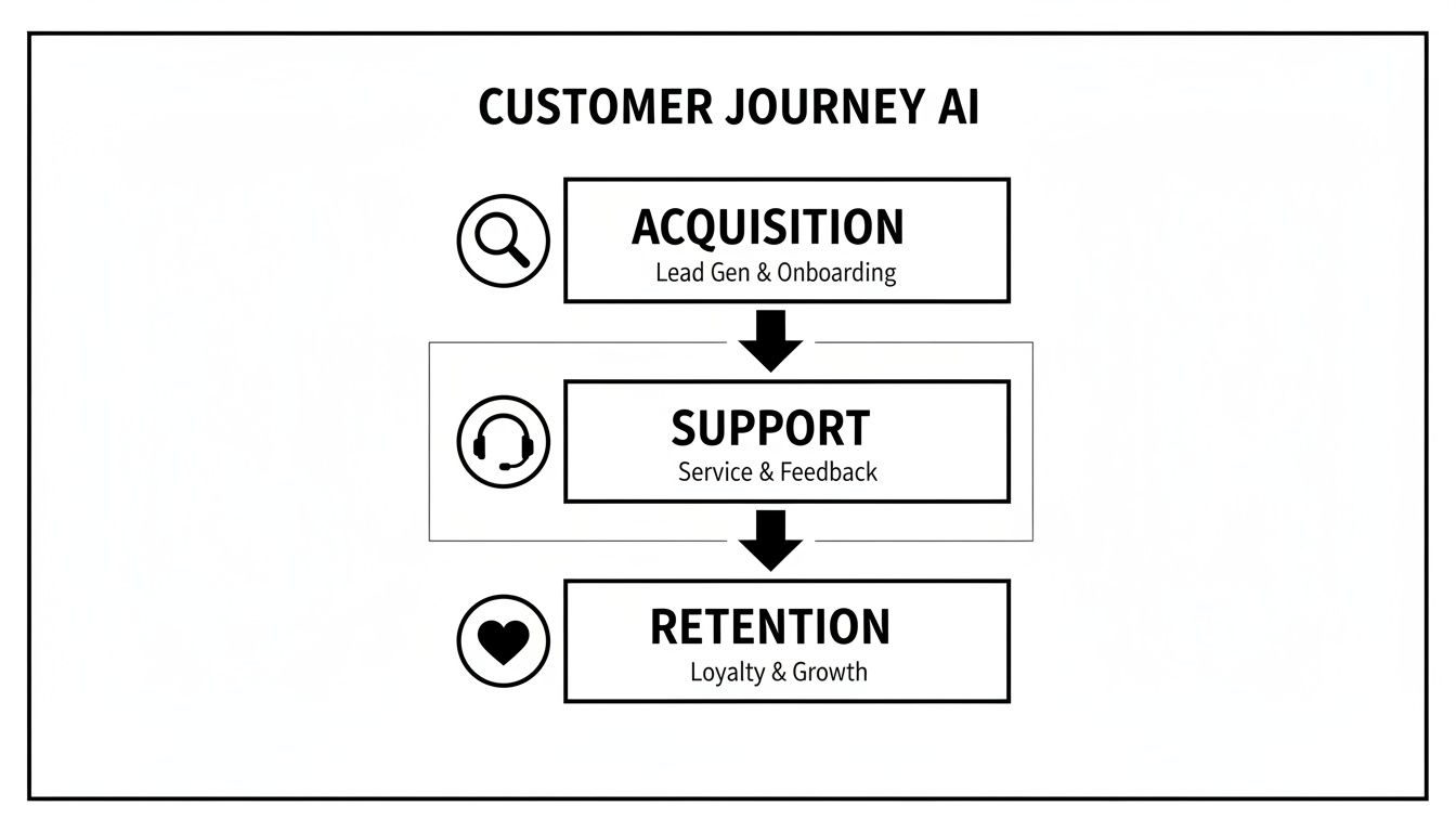 Customer Journey AI diagram illustrating acquisition, support, and retention stages with corresponding icons.