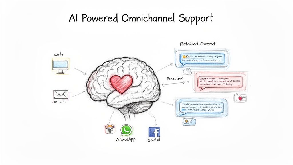 Diagram showing AI-powered omnichannel support with a central brain connected to web, email, social media, and WhatsApp.