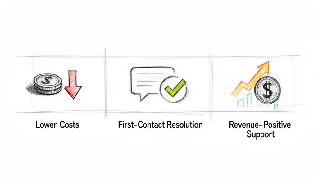 Three icons illustrating service benefits: lower costs, first-contact resolution, and revenue-positive support outcomes.