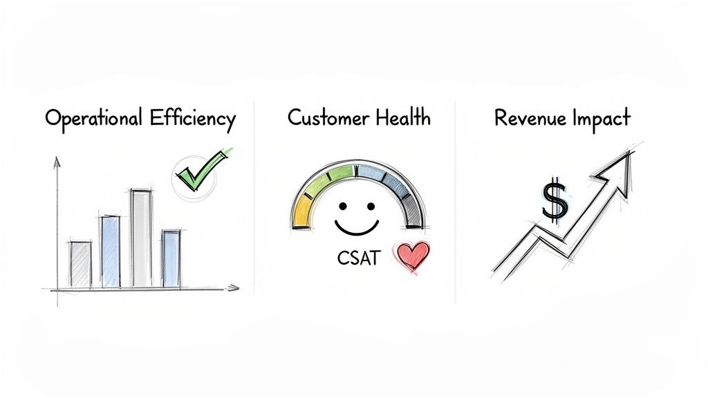 Illustrative image showing operational efficiency with a bar chart, customer health (CSAT) gauge, and revenue impact with a dollar sign and upward arrow.