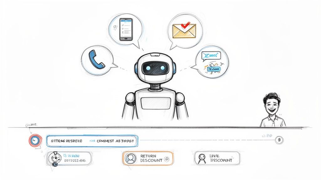 An AI robot manages customer service requests through phone, email, app, and chat in e-commerce.