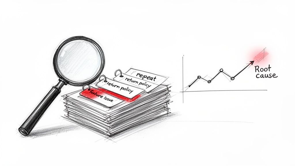 A magnifying glass examining issue cards and a graph pointing to the root cause.