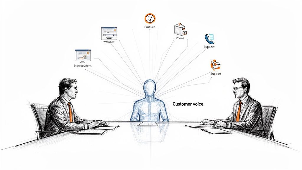 Illustration showing customer voice from various channels like product, website, phone, and support informing two business people.