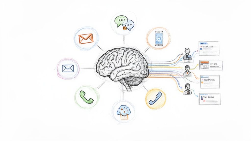 A human brain central to various communication channels connecting to customer profiles.