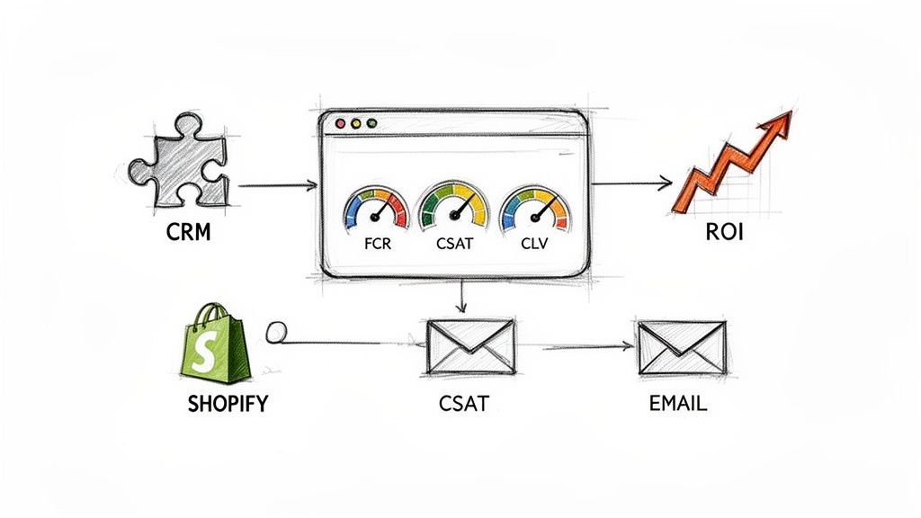 Diagram showing customer experience management with CRM, Shopify, FCR, CSAT, CLV metrics, and ROI.