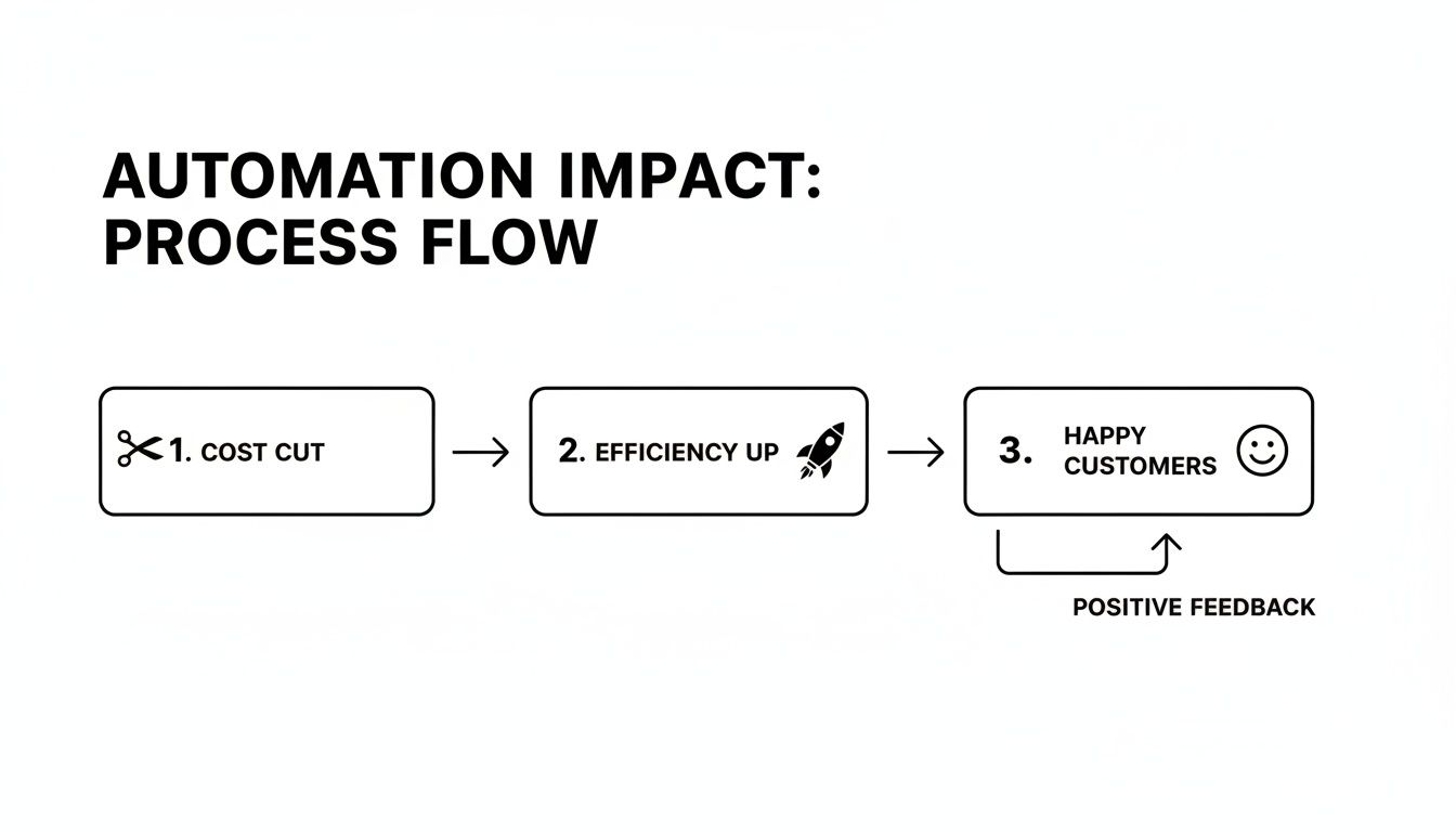 A process flow diagram illustrating the benefits of automation, leading to cost cuts, increased efficiency, and happy customers.
