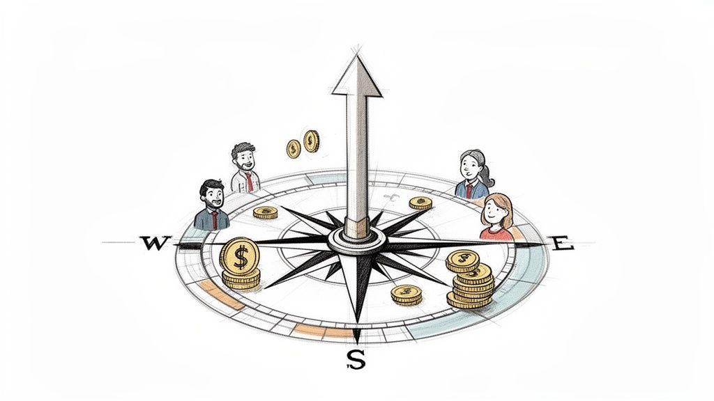 Illustration of people and coins on a compass, with an upward arrow, symbolizing financial direction and growth.
