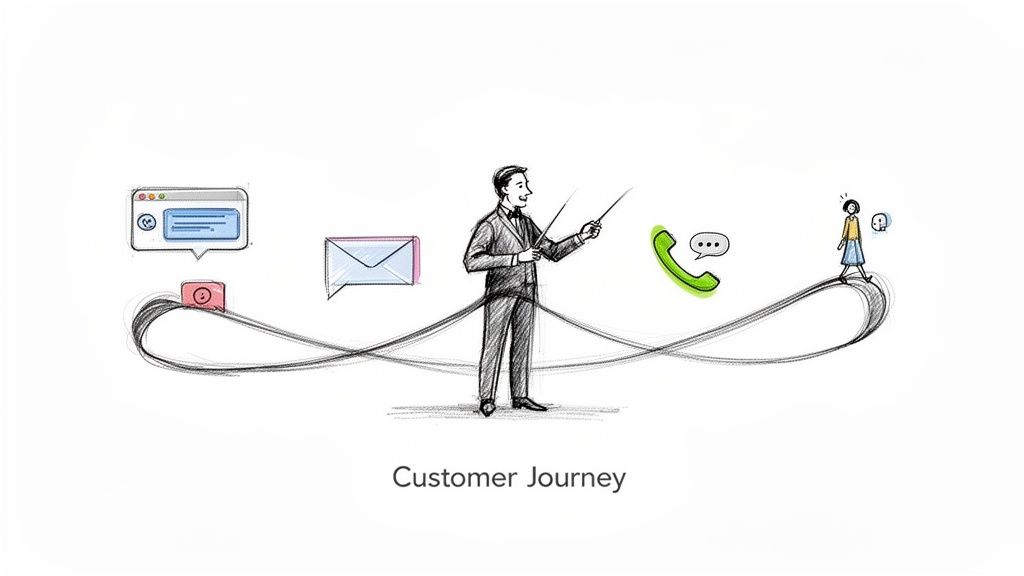 Illustration of a man guiding a customer through a journey with various communication touchpoints like chat, email, and phone.