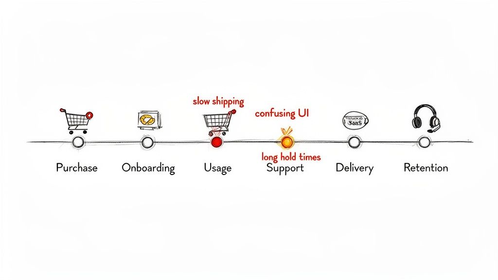 Customer journey timeline showing purchase, onboarding, usage, support, delivery, and retention with identified pain points.