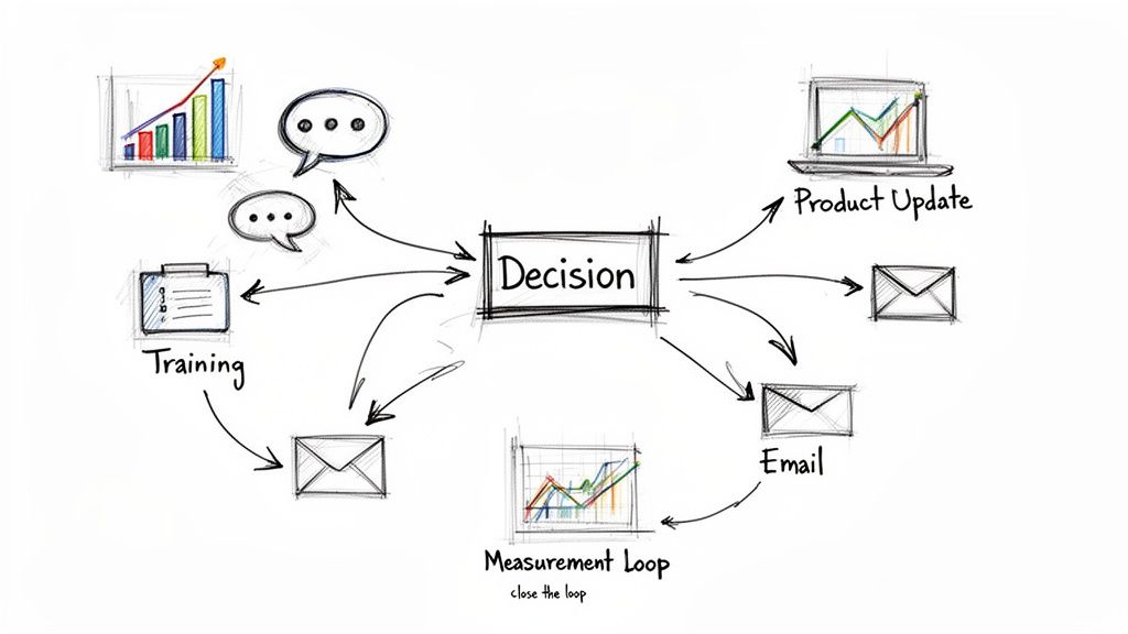 Flowchart showing decision-making influenced by data, feedback, and training, leading to product updates and email, with a measurement loop.
