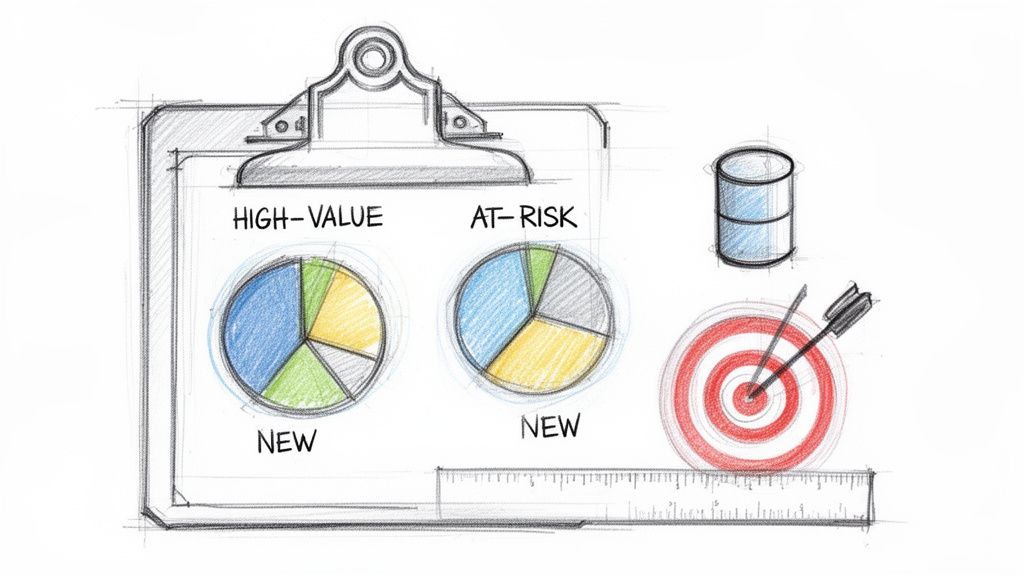 Hand-drawn sketch of client segmentation charts for high-value and at-risk groups, alongside a target.