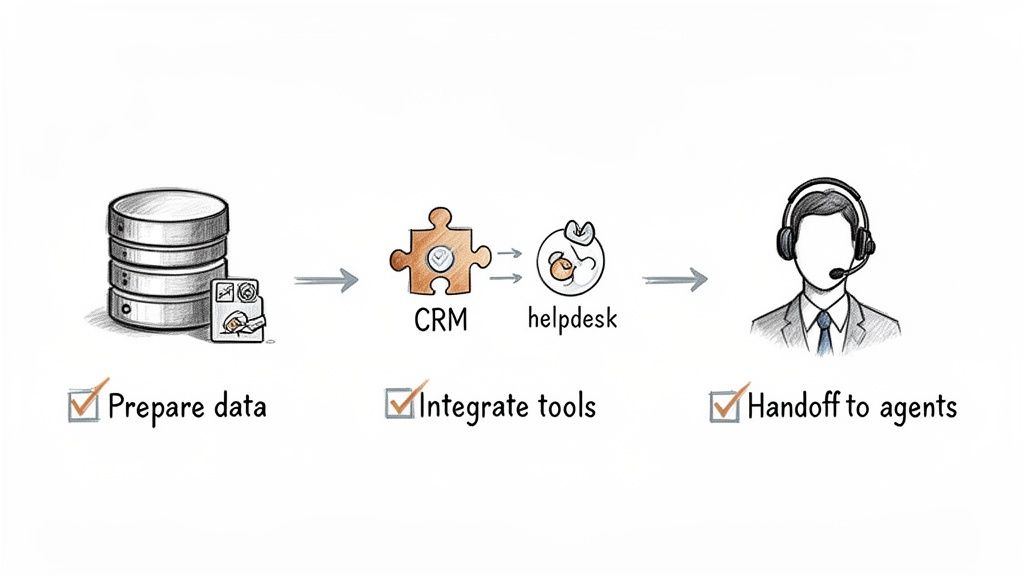 Workflow diagram showing data preparation, CRM and helpdesk integration, leading to customer service agents.