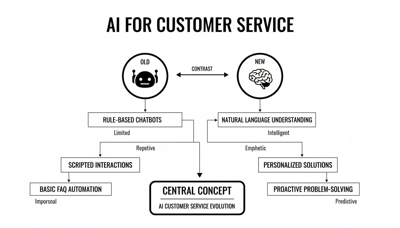 Diagram illustrating the evolution of AI in customer service, comparing old rule-based chatbots to new intelligent natural language understanding.