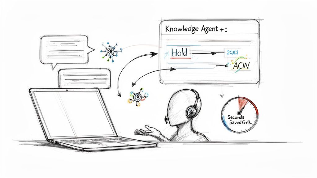 Hand-drawn sketch illustrating a knowledge agent system helping a call center agent save time.