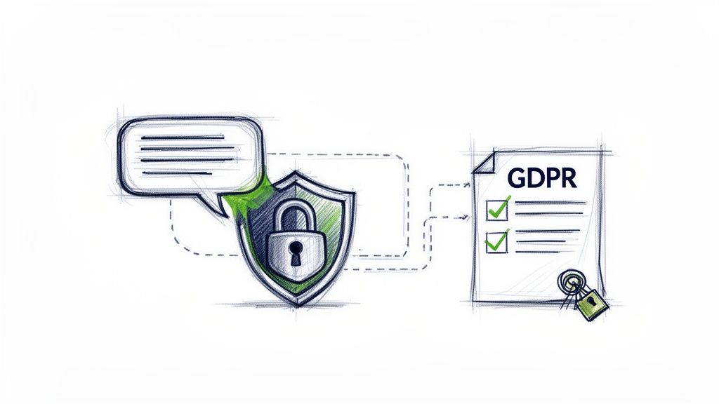 A sketch of a shield, padlock, and GDPR document, symbolizing secure data communication and privacy compliance.