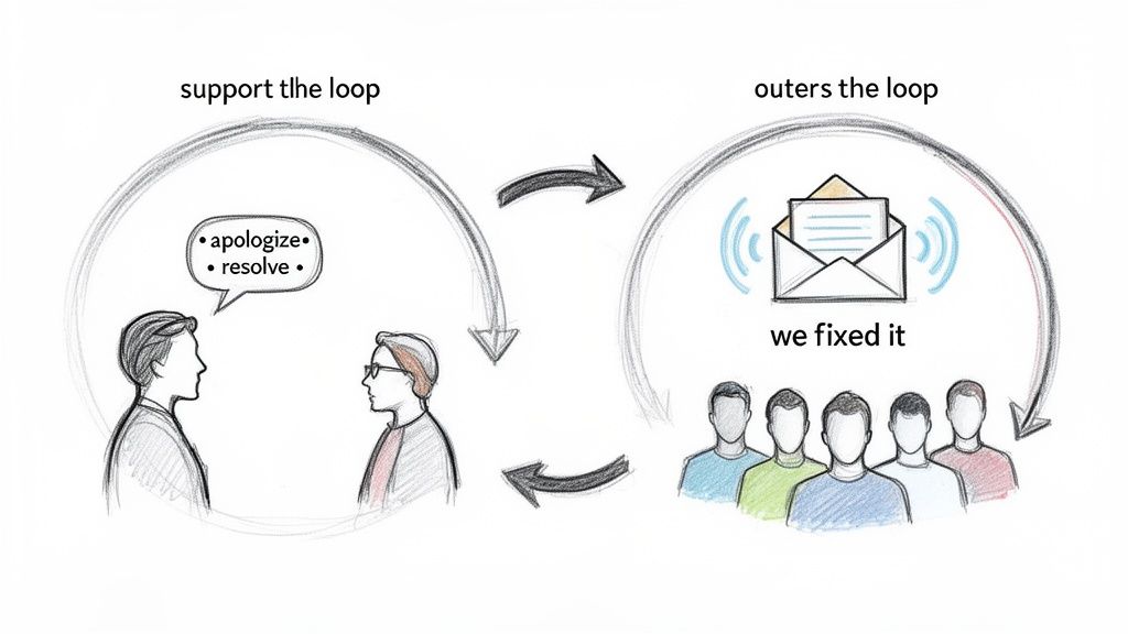 Two loops illustrate customer support: direct apologies and resolutions, leading to broader communication of system fixes.