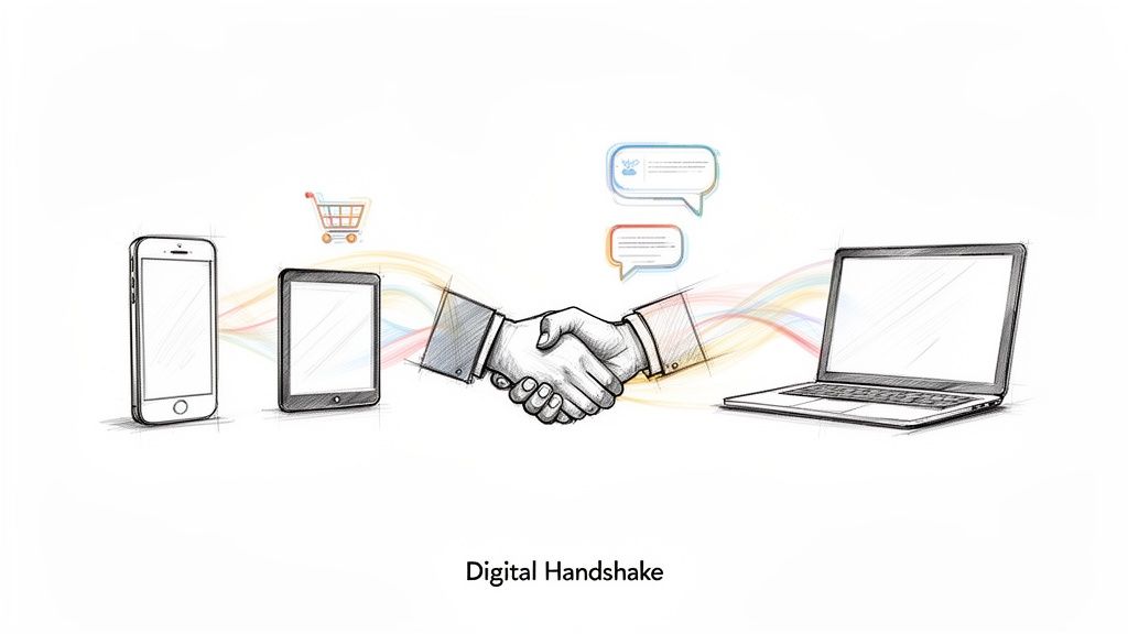 Sketch of a digital handshake connecting smartphone, tablet, and laptop, illustrating online interaction and commerce.