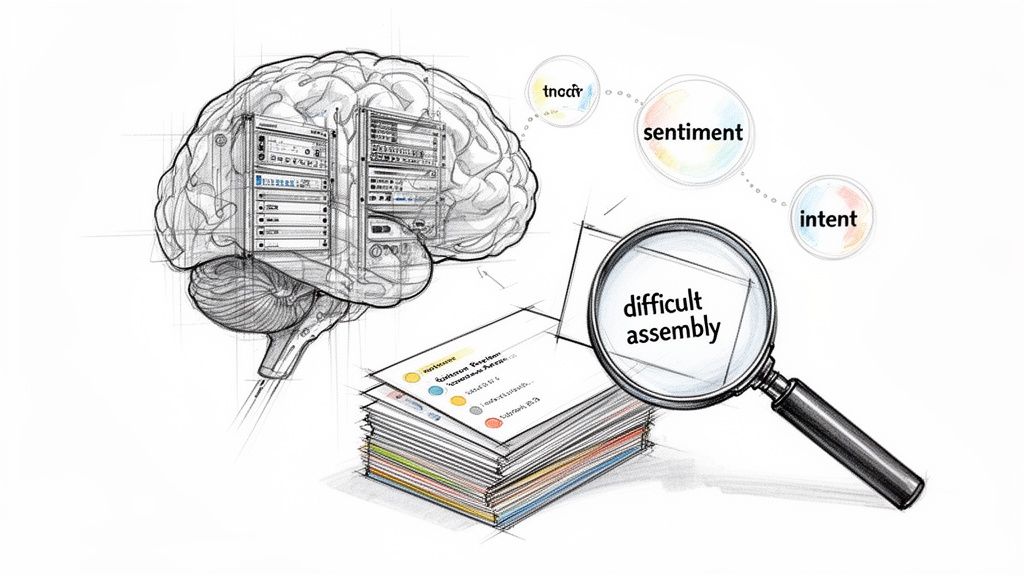 An illustration of a brain housing servers, analyzing sentiment, intent, and specific customer feedback from documents.