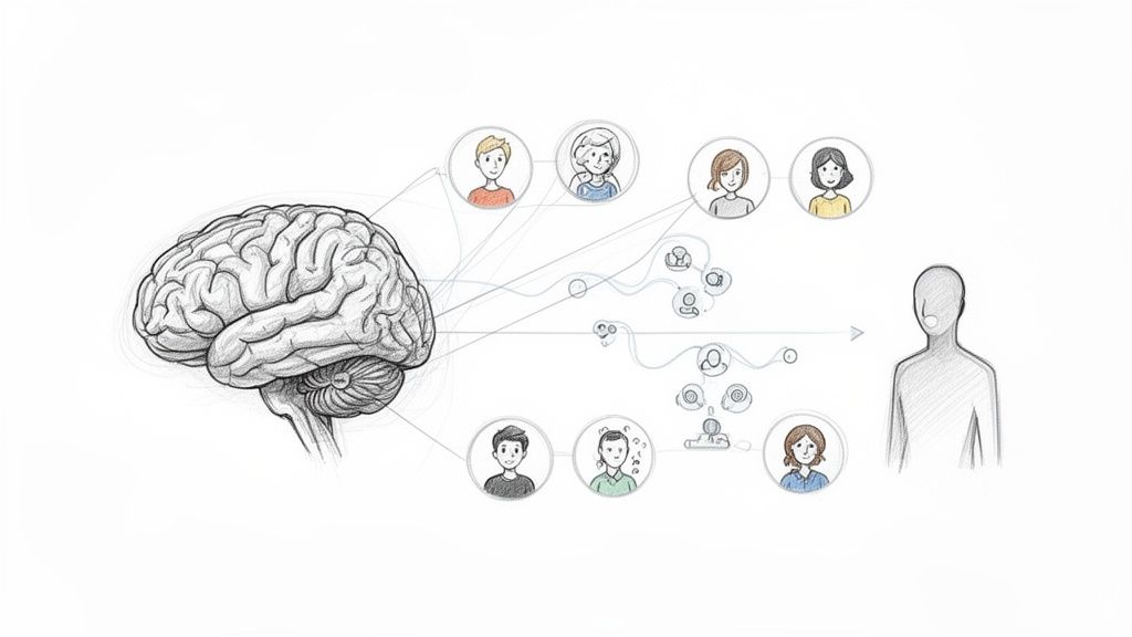 A diagram with a brain connected to various people and a human figure, illustrating complex interactions.