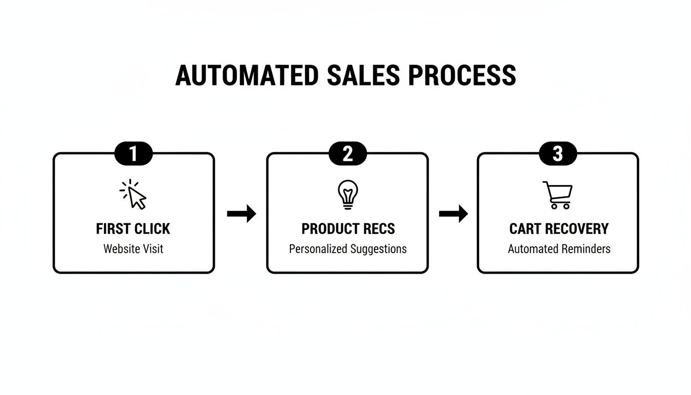 Diagram illustrating an automated sales process for e-commerce: website visit, product recommendations, and cart recovery.
