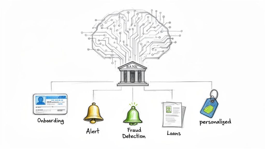 Diagram illustrating a bank powered by a circuit board brain, providing onboarding, alerts, fraud detection, loans, and personalized services.