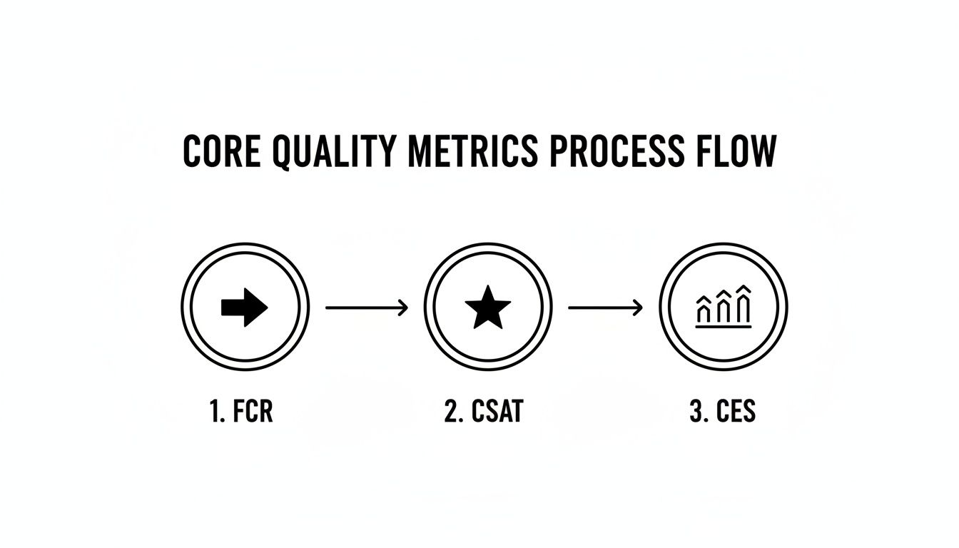 A process flow diagram detailing core quality metrics: First Contact Resolution, CSAT, and CES.