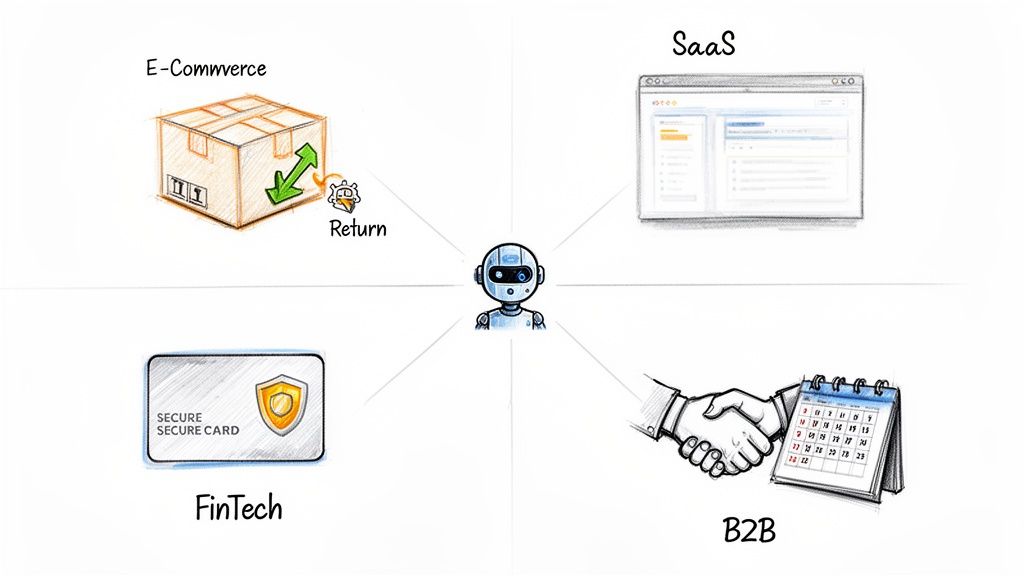 AI robot central to various industries: E-Commerce returns, SaaS, FinTech, and B2B.
