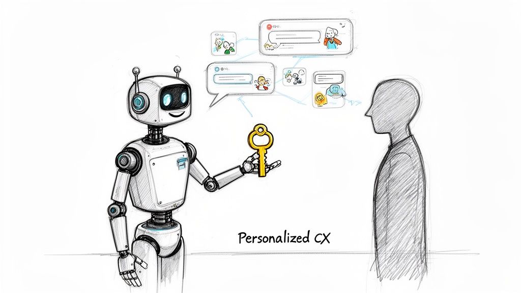 A robot offers a golden key to a person, surrounded by personalized chat interactions, representing personalized customer experience.