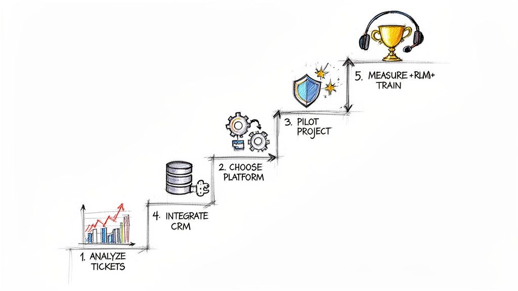 A hand-drawn diagram illustrating a 5-step help desk automation process.