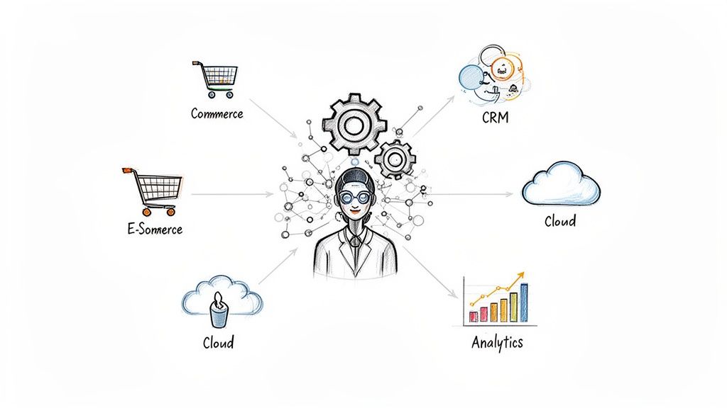 An AI agent integrating commerce, e-commerce, CRM, cloud services, and analytics data.