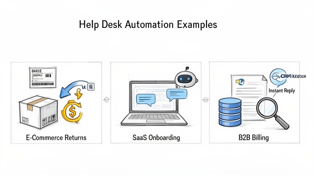 Illustrations showing help desk automation examples for e-commerce, SaaS onboarding, and B2B billing.
