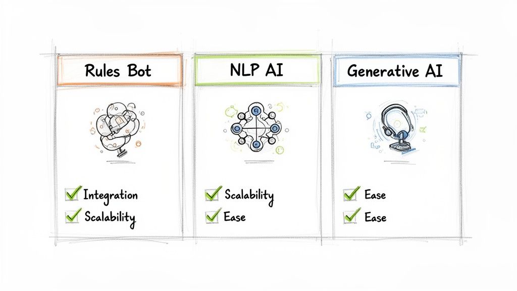 An infographic comparing Rules Bot, NLP AI, and Generative AI, highlighting their key features like scalability and ease.