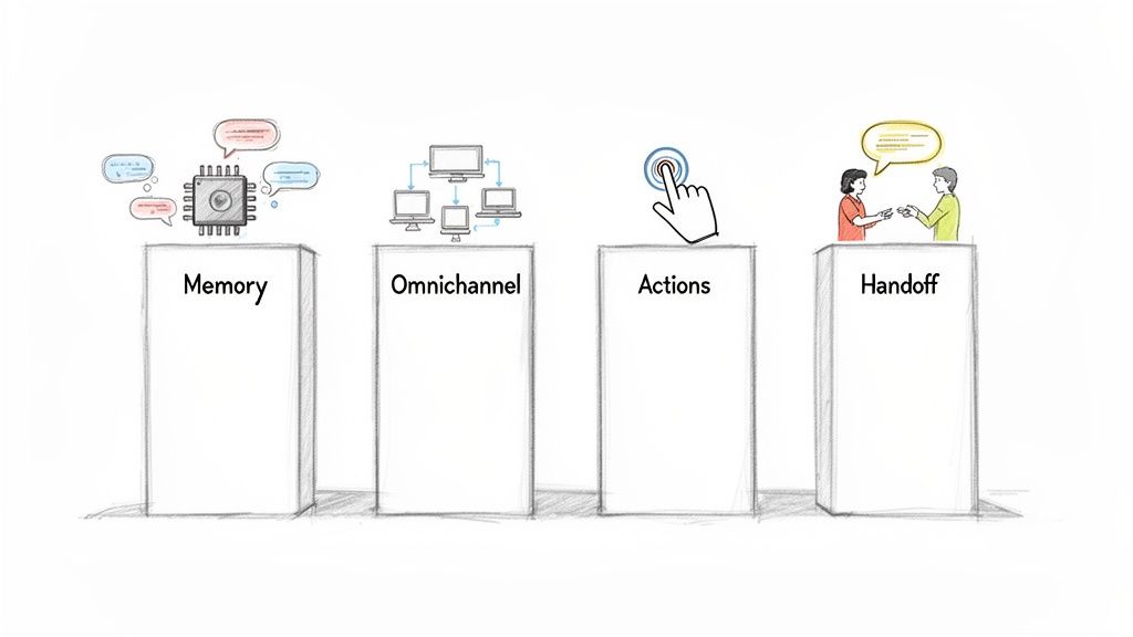 Illustrative pillars representing Memory, Omnichannel, Actions, and Handoff for AI customer service platforms.