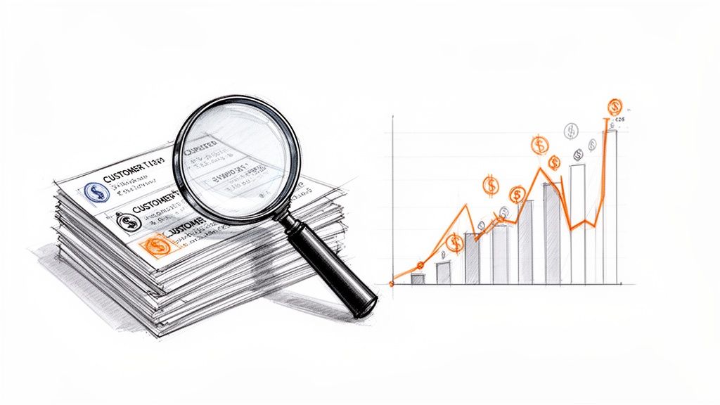 Illustration of data analysis with a magnifying glass over customer papers and a rising bar chart.