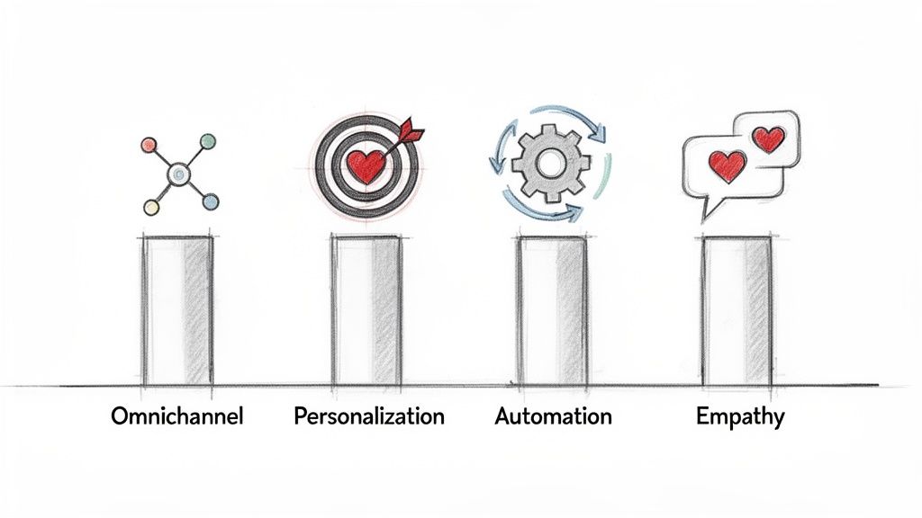 Four pillars: omnichannel, personalization, automation, empathy, essential for digital customer experience.