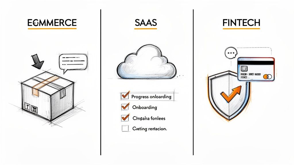 E-commerce package, SaaS cloud with checklist, and Fintech shield with credit card icons.