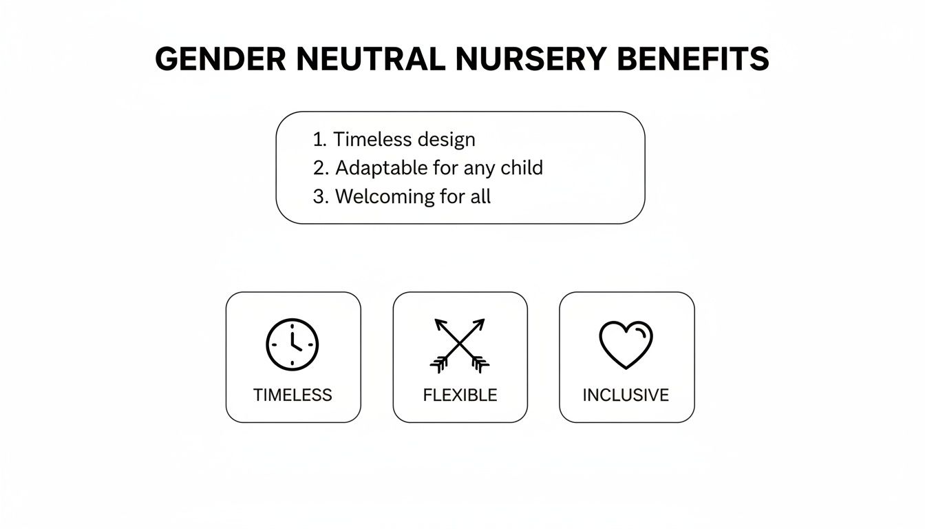 A diagram illustrating gender neutral nursery benefits: timeless design, adaptable for any child, and welcoming for all, with corresponding icons.