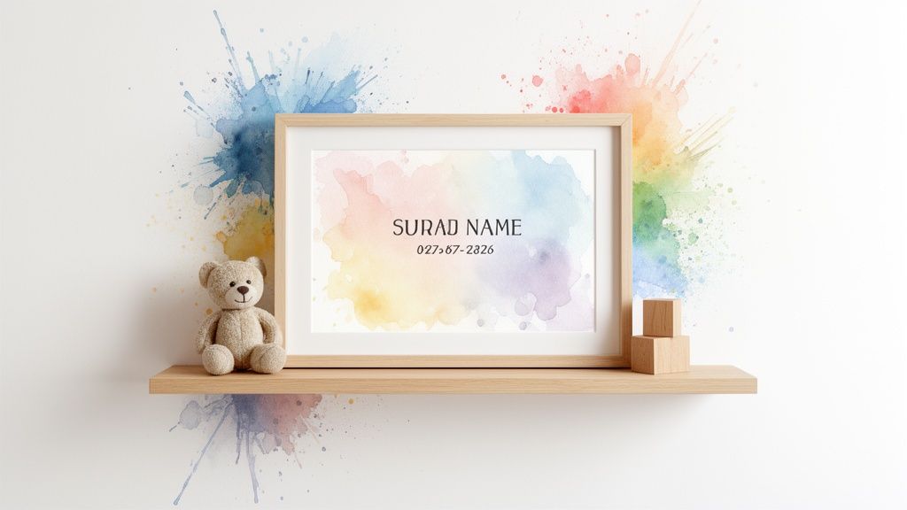 A wooden shelf with a framed pastel watercolor print, teddy bear, and wooden blocks on a white wall.