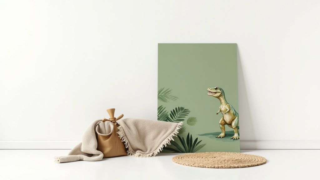 A green art print featuring a dinosaur and palm leaves leans against a white wall, with a basket and rug.