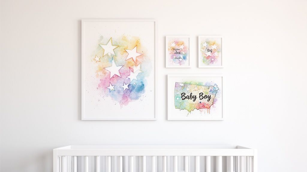 Watercolor wall art with stars and "Baby Boy" text above a white crib in a nursery.