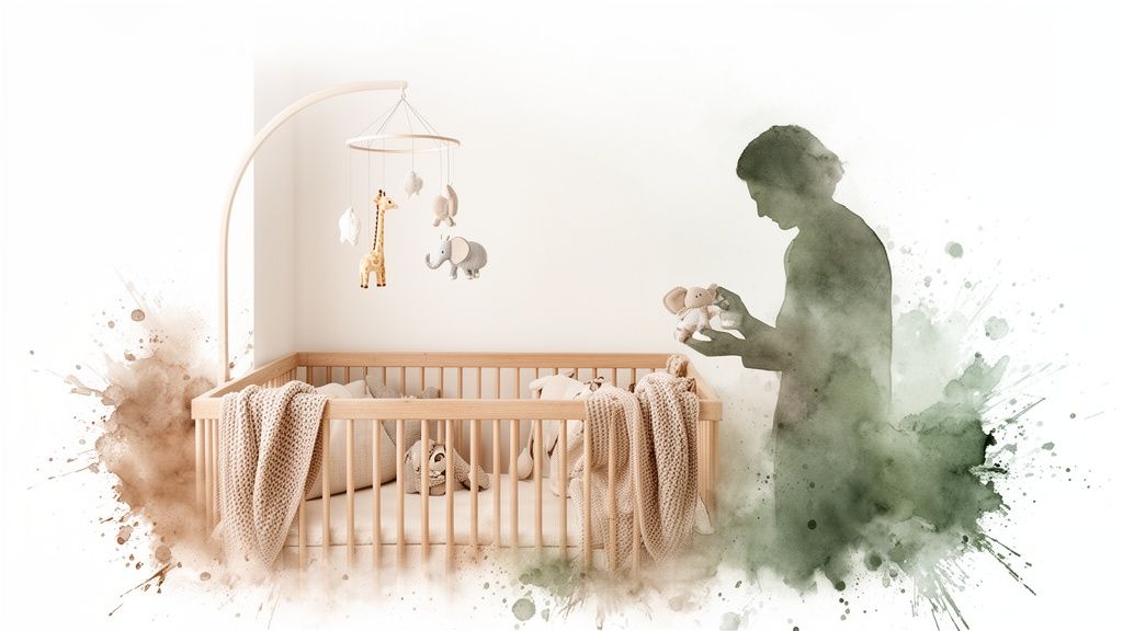 A peaceful baby nursery featuring a wooden crib, animal mobile, and parent silhouette holding a toy.
