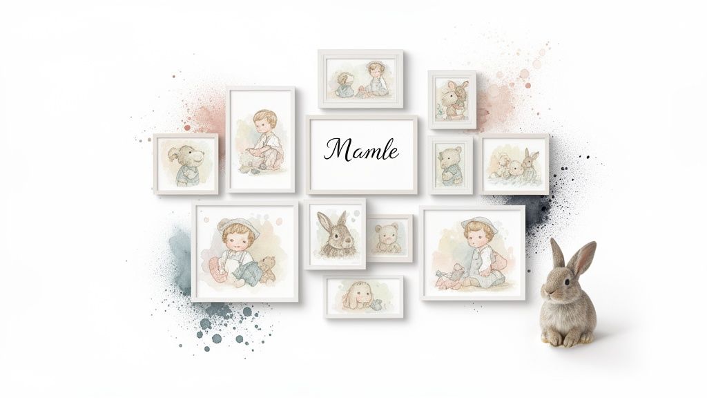 Watercolor prints of children and animals on a white wall with paint splatters, next to a real bunny.