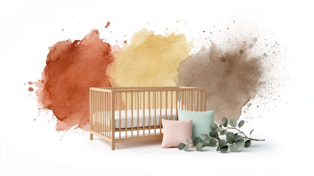 A natural wooden baby crib with soft pillows and eucalyptus, set against warm watercolor background.