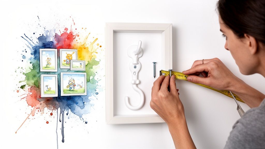 A person measures a screw with a yellow tape measure next to a white framed wall decor, watercolor art on the left.