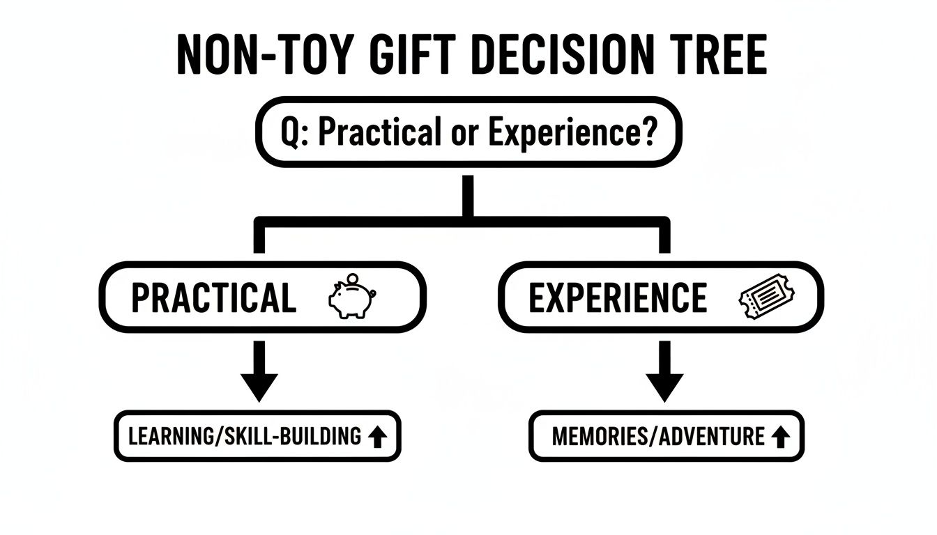 A non-toy gift decision tree flowchart, asking if the gift should be practical or an experience, leading to learning or memories.