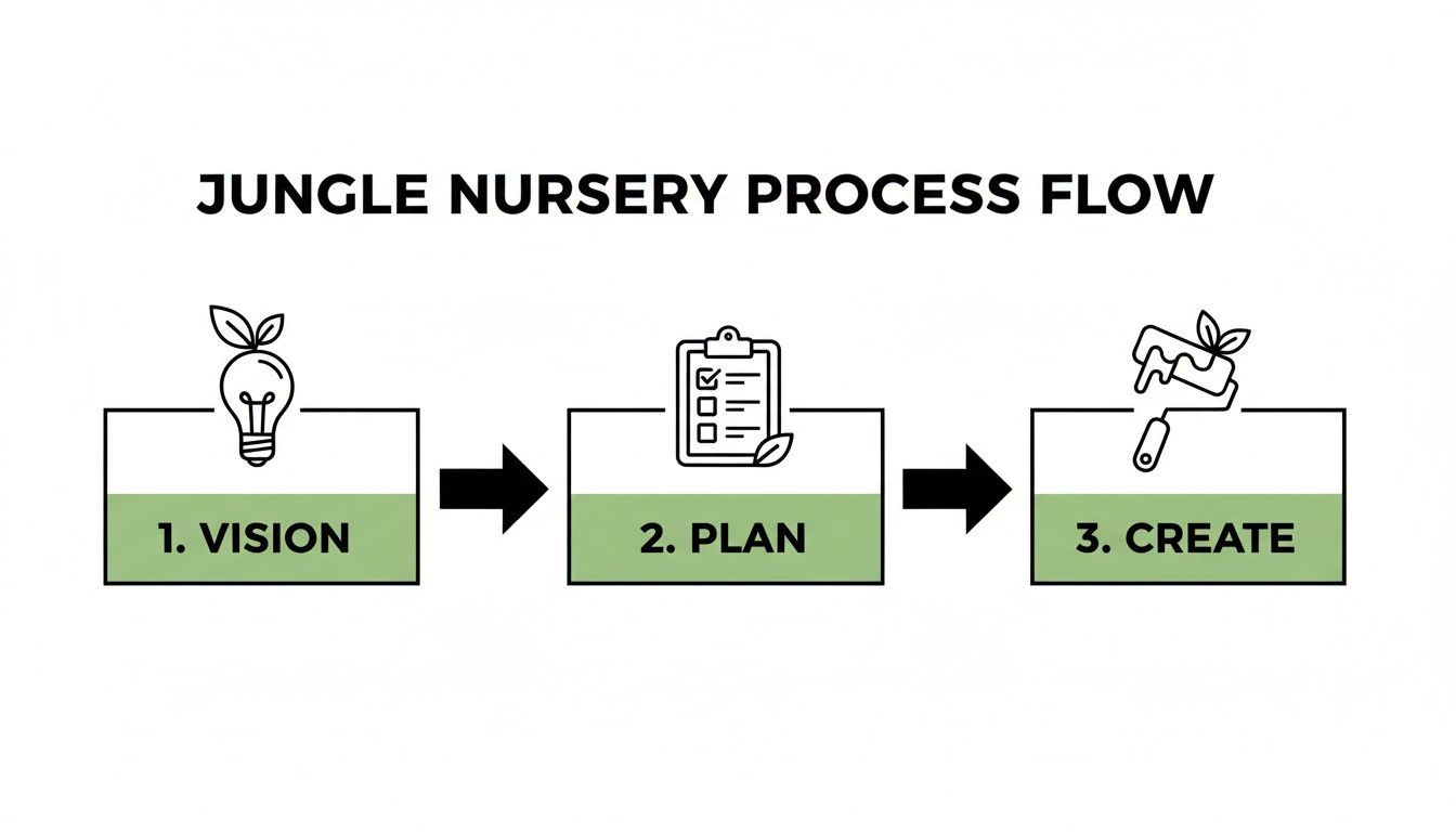 A 'Jungle Nursery Process Flow' diagram outlining three steps: Vision, Plan, and Create, with nature-inspired icons.