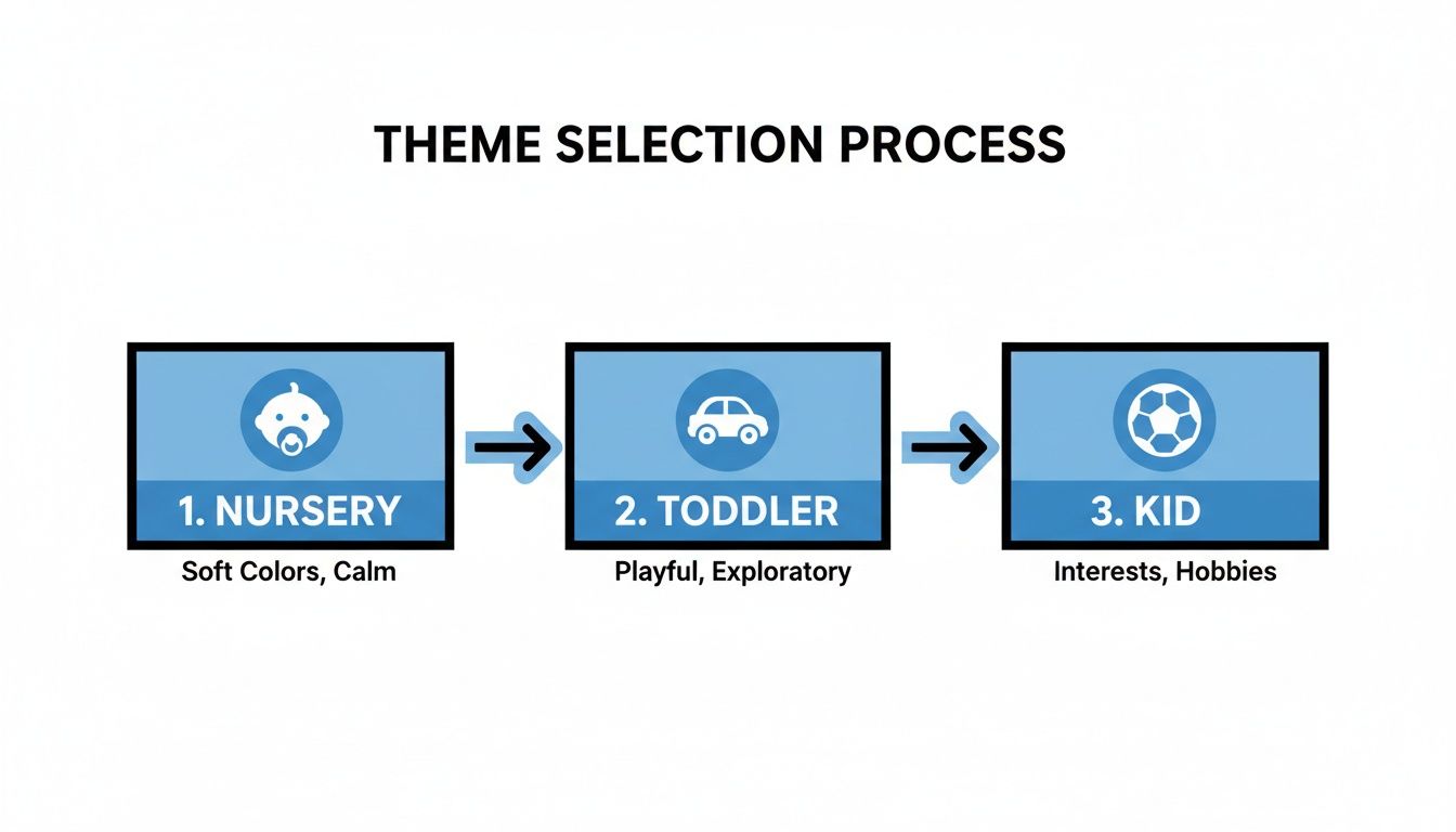 Flowchart illustrating a theme selection process for children's spaces: Nursery, Toddler, and Kid stages with descriptions.