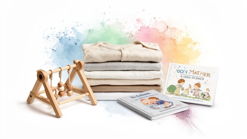 A collection of baby essentials, including a wooden play gym, folded bodysuits, and children's books, on a white background with colorful watercolor splashes.
