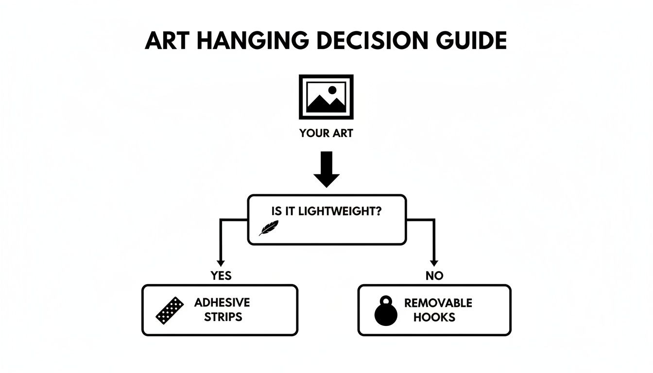 A flowchart showing how to hang art: lightweight items use adhesive strips, heavier items use removable hooks.